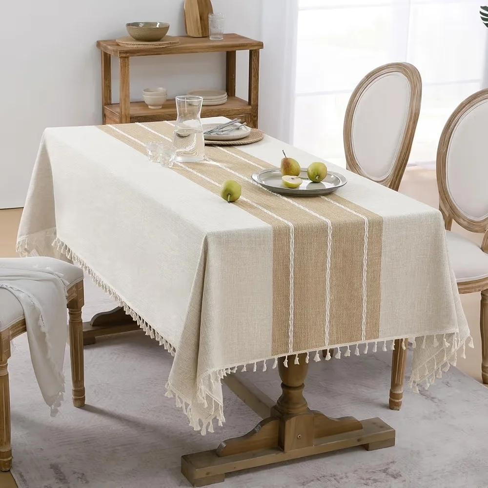 Elegant Sage Green Chiffon Archway Fabric- Boho Tasseled Linen Cotton Tablecloth